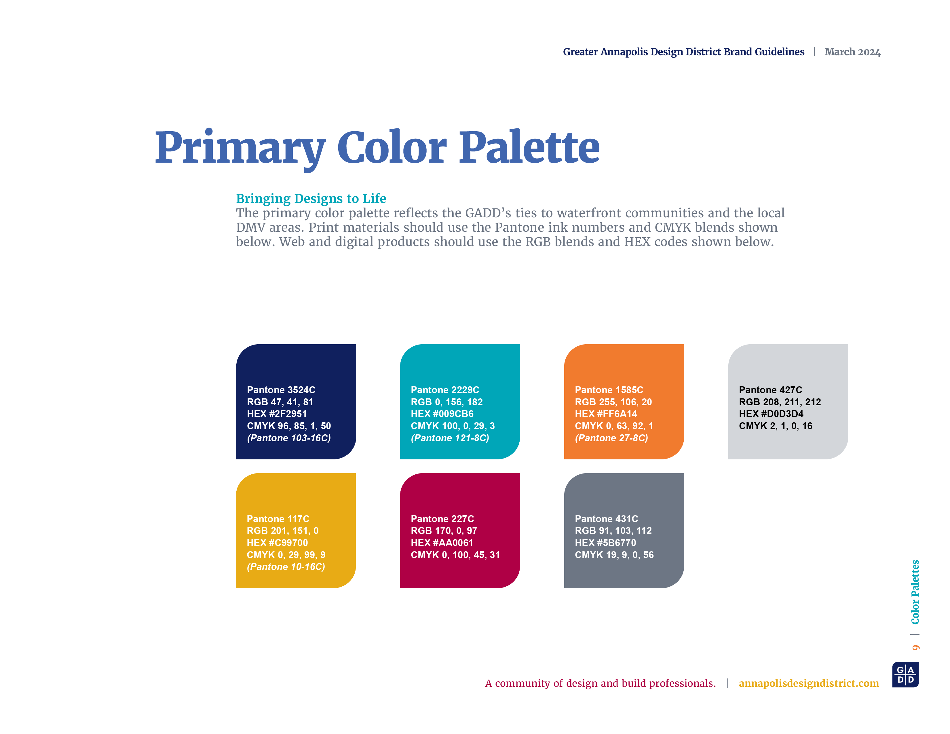 Greater Annapolis Design District Brand Style Guidelines Book, Color Palette