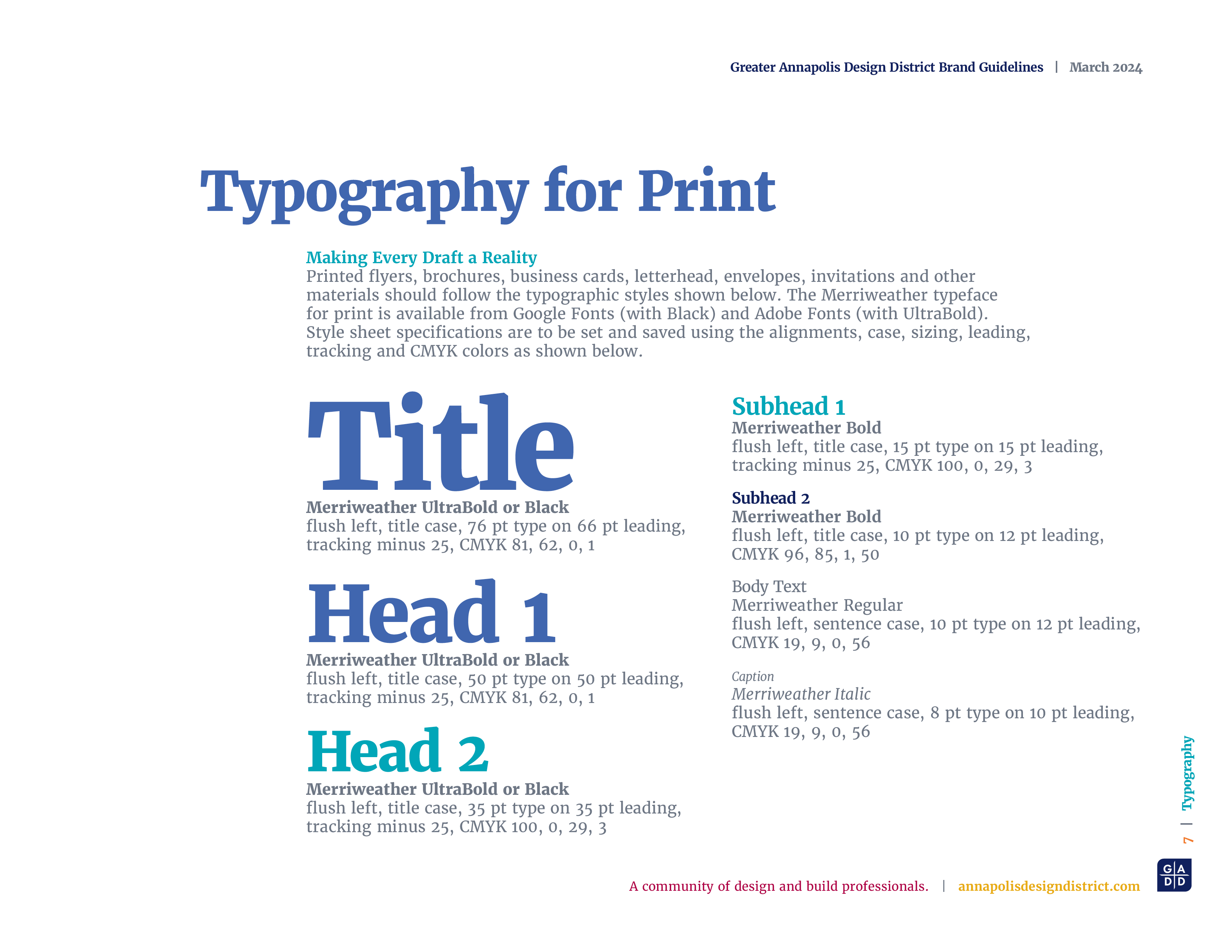 Greater Annapolis Design District Brand Style Guidelines Book, Typography Print